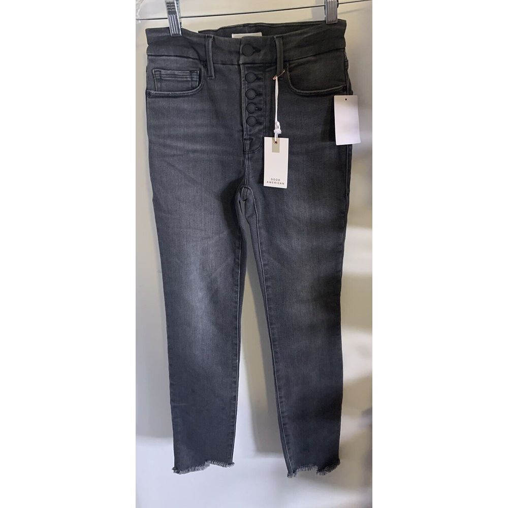 Good American New Black214 Straight Leg Jeans Sz 00-24 Raw Hem Glceb844t